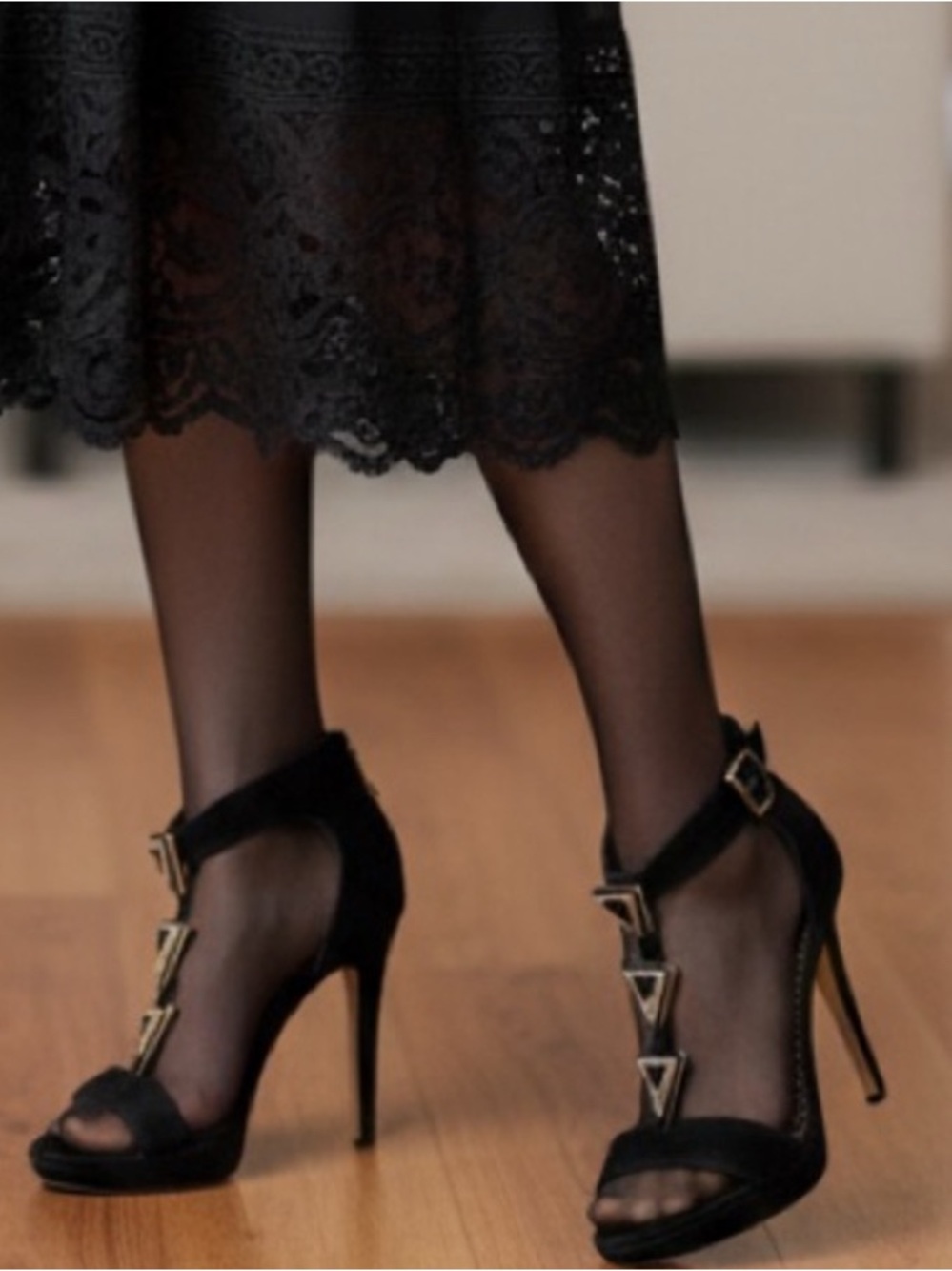 Jessica Simpson Black Suede T-Strap High Heel Sandals with Gold Accents.